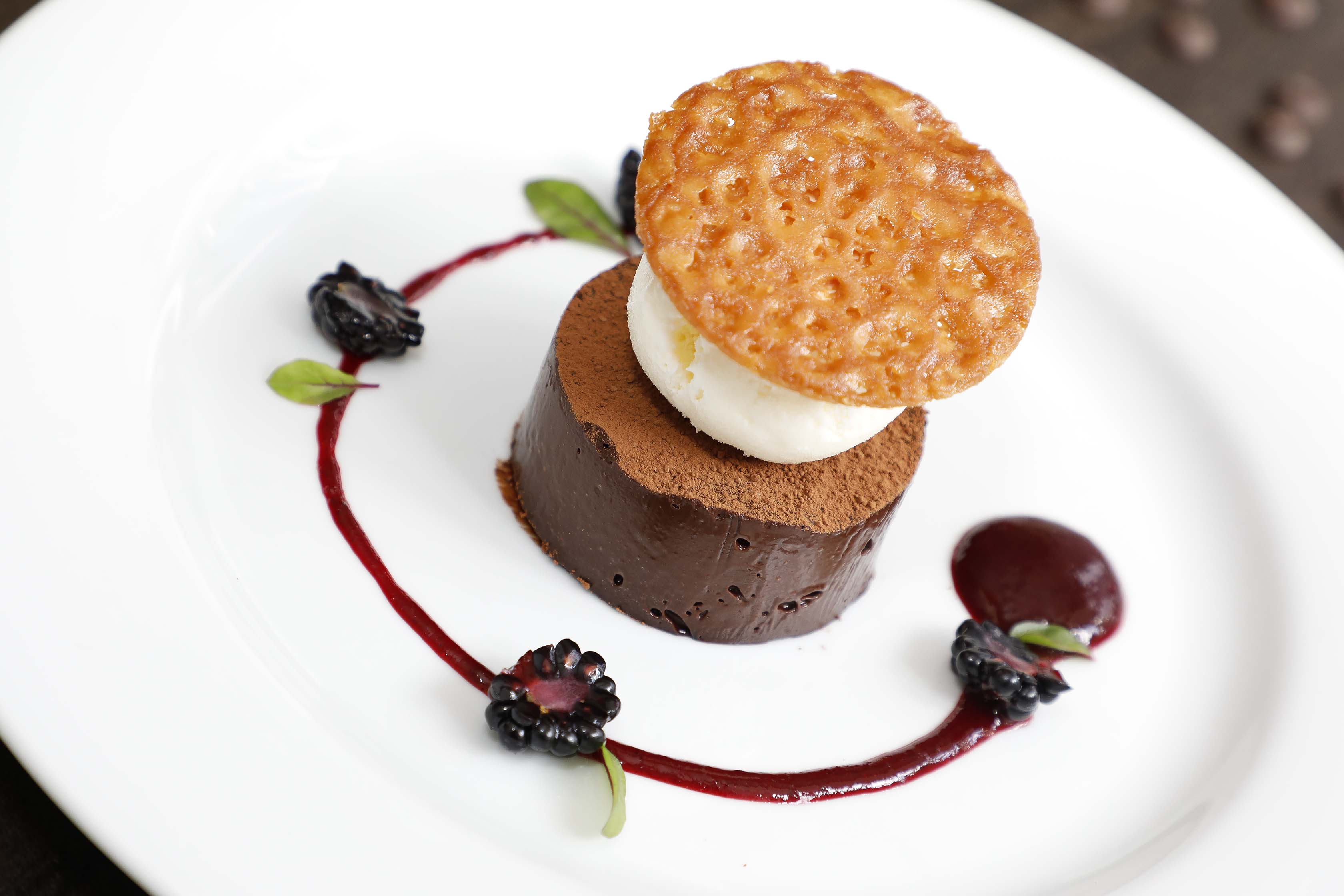 Chilled chocolate fondant, blackberry purée and crème fraîche sorbet, £6.10.