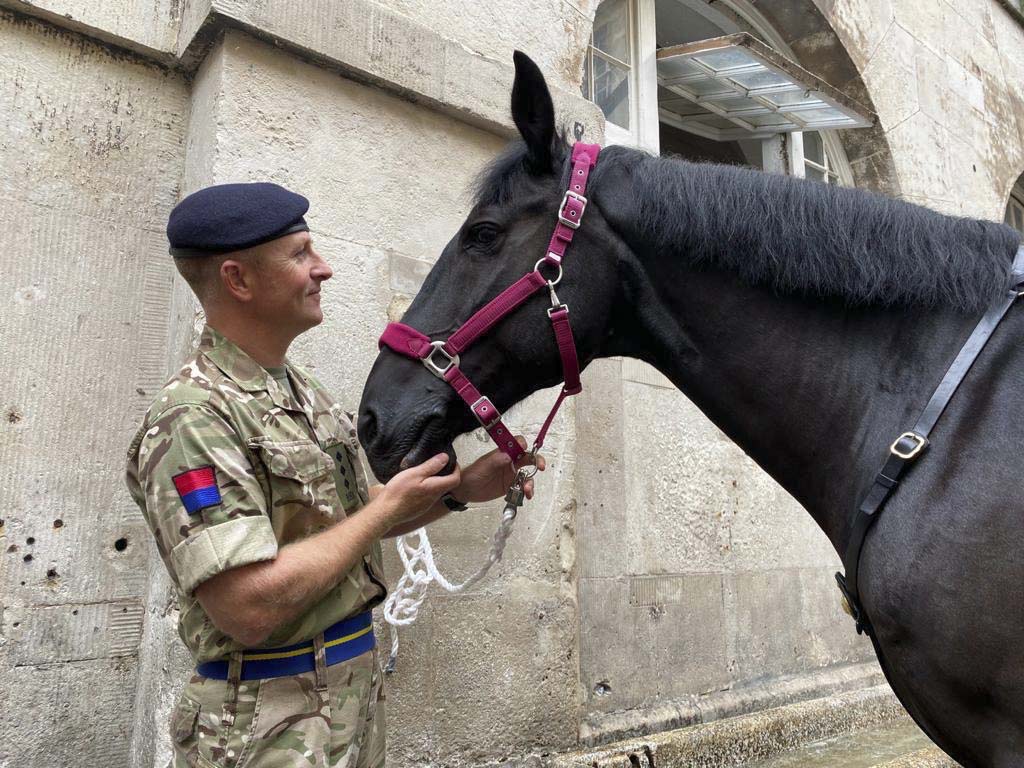 Captain Harry Grantham inspects “Poleaxe” of the Queen’s Life Guard at Horse Guards parade, in his role as the Officer responsible for Equine Assurance in London District.