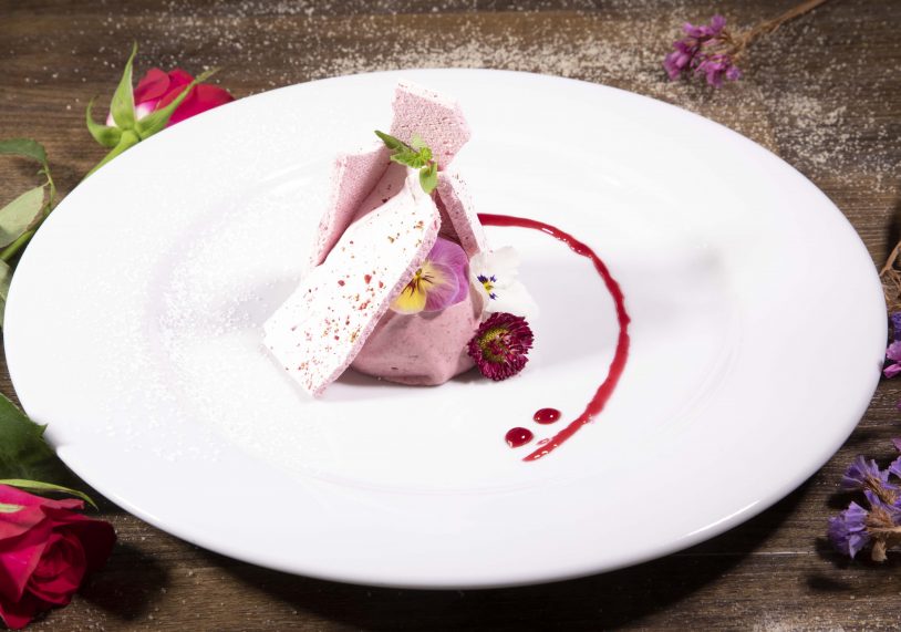 Frozen blackcurrant mousse, juniper meringue shards, blackcurrant, with anise syrup
