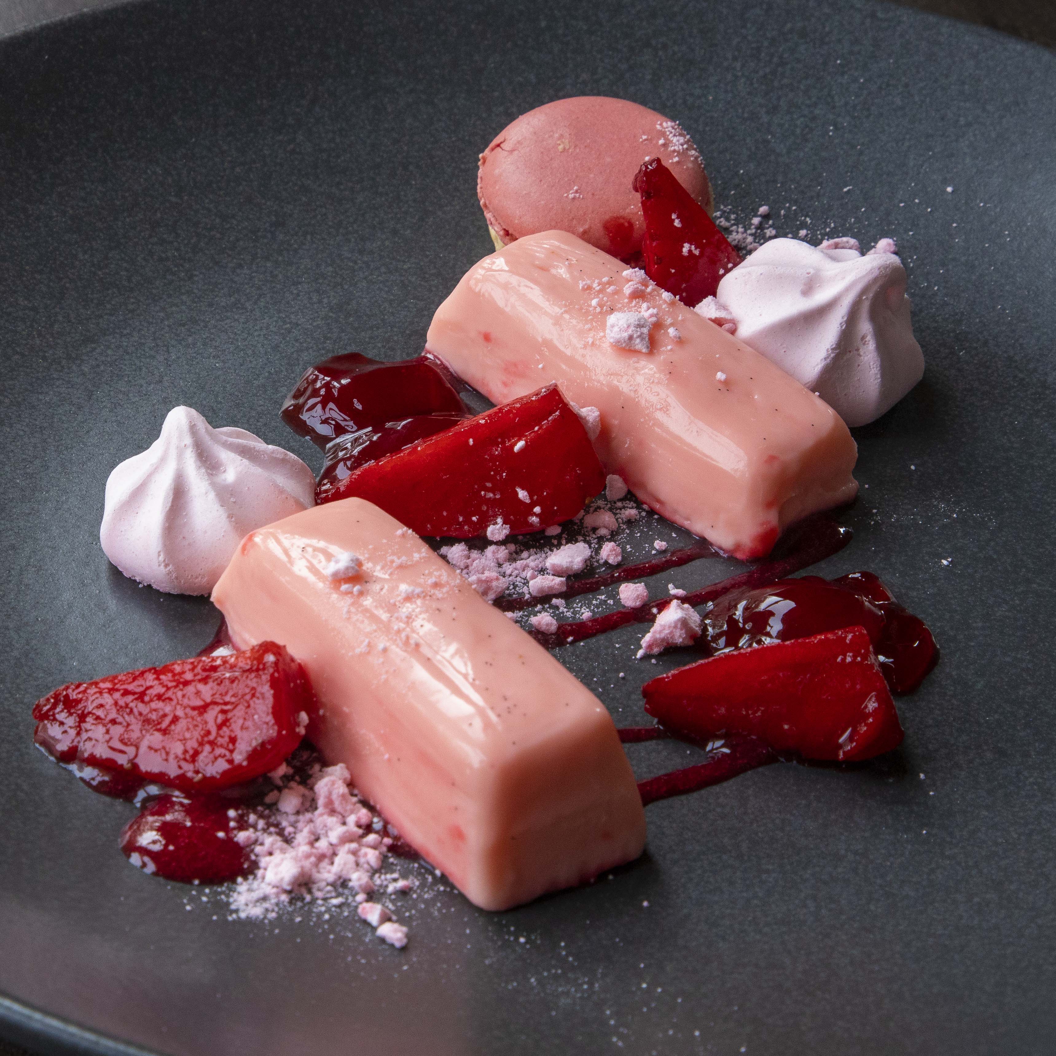 Summer strawberry assiette, deconstructed, to include strawberry panna cotta, roasted strawberries, balsamic strawberries plus strawberry meringue and macaroons