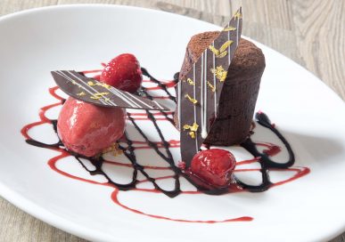 Dark chocolate fondant with raspberry sorbet.