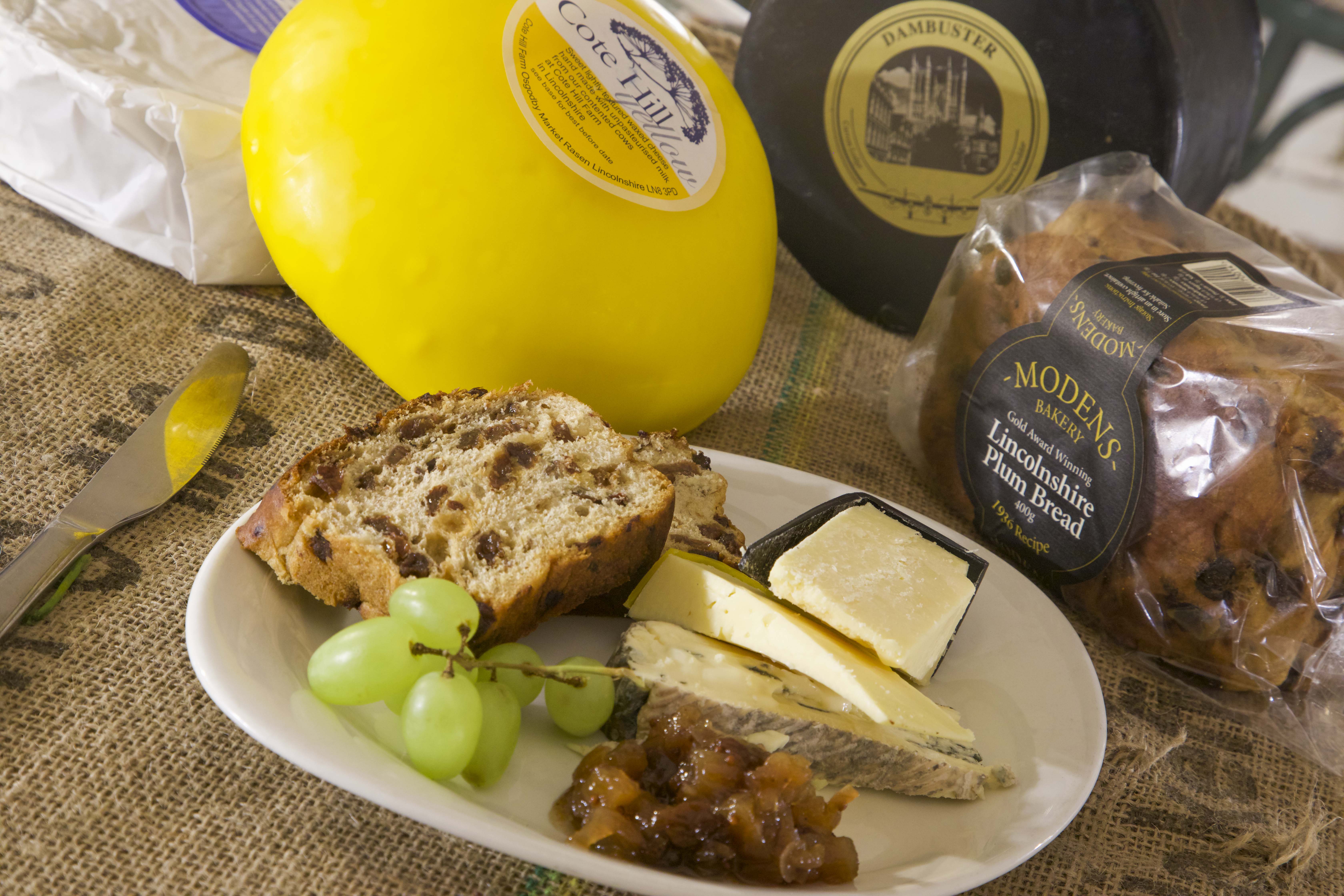 Local cheese board with Modens plum loaf, image Rob Davis, Lincolnshire Pride.