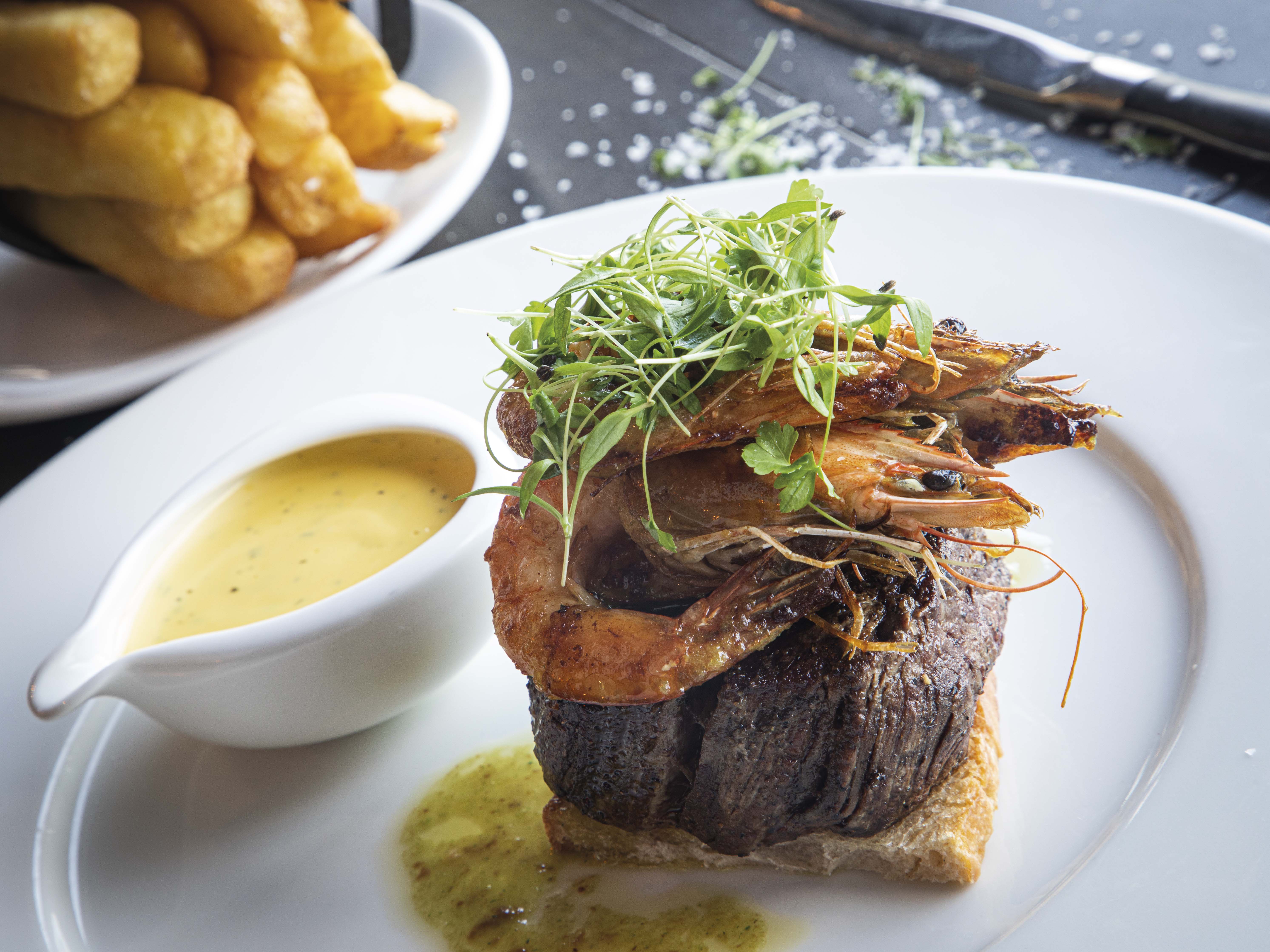 Fillet steak with garlic king prawns £32.95.