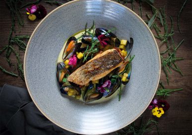 Pan fried hake with potato terrine, mussels, dill apple, samphire £24.