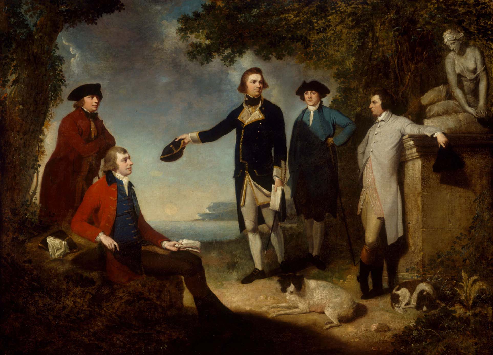 Dr Daniel Solander, Sir Joseph Banks, Captain James Cook, Dr John Hawkesworth and Lord Sandwich by John Hamilton Mortimer, 1771.