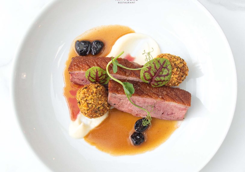 Pan Seared Duck Breast, celeriac, cherries, confit leg croquette, £24.95.