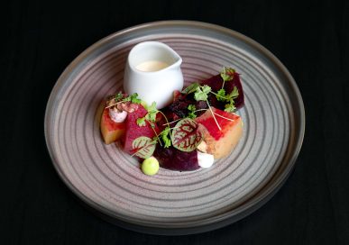 Marinated heritage beetroot with whipped goats cheese, pickled walnut, lemon cream and dill, £8.95.