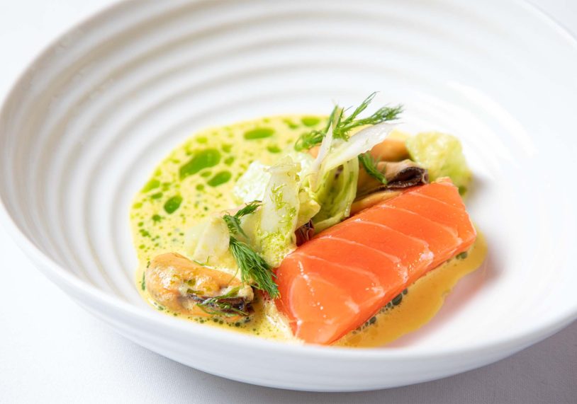 Fjord Sea Trout, Saffron, Scottish Mussels with Dill Oil. 