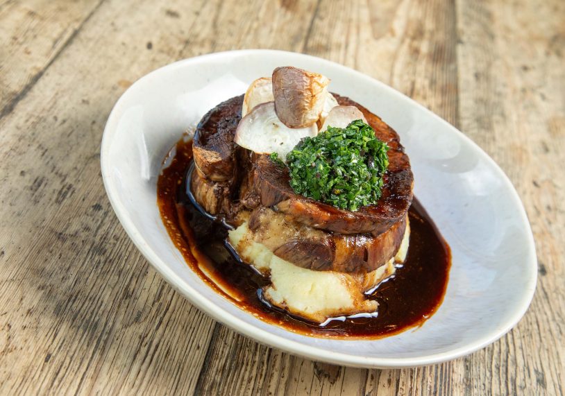 Braised shin of Doddington Herd beef, olive oil mash potato, baby turnips and kitchen garden herb gremolata, £18.
