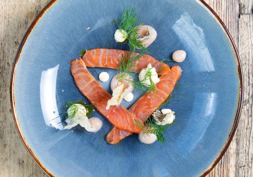 Cured, cold-smoked sea trout, forced rhubarb umeboshi and ponzu, brown butter mayonnaise and
kitchen garden mibuna £10.