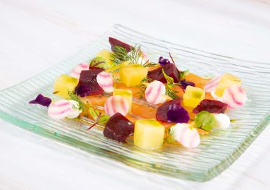 Hot smoked salmon, lemon, ricotta, elements of beetroot.