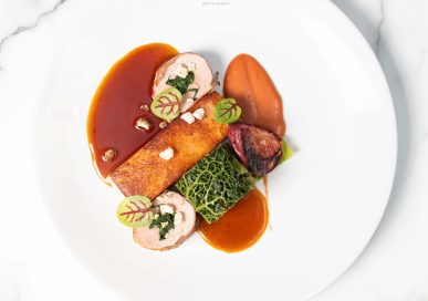 Duo of pork, tenderloin, belly, peach, wild garlic, £26.50.