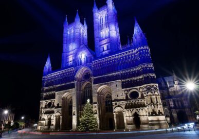Lincoln Cathedral lit up purple for Advent