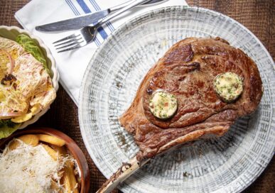 Fletchers' 16oz Tomahawk steak, Koﬀmann skin-on chips, dressed salad, peppercorn sauce, £88 (serves two/three).