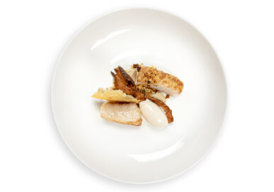 Seared Wild Turbot, Jerusalem Artichoke Crisps, Ice Cream with Roast Hazelnuts and Parmesan at The Jew's House.