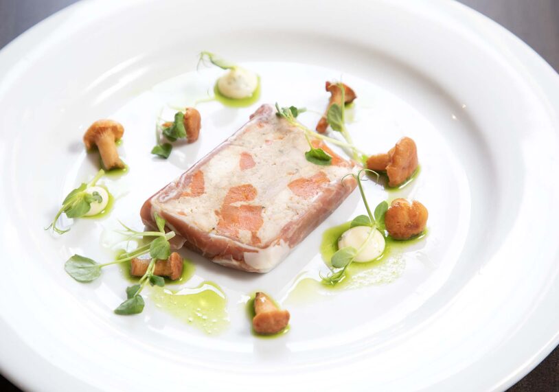 Sous vide chicken terrine at The Petwood Hotel, served with pickled girolles, £8.95.