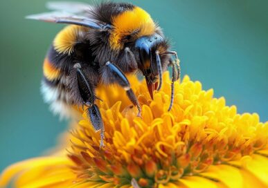 Close-up of a bumblebee feeding on a yellow flower in August