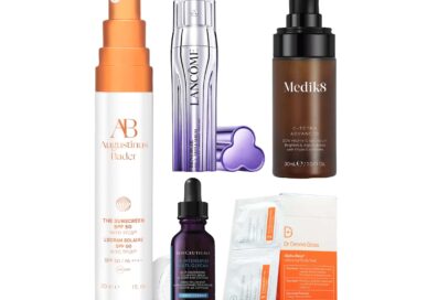 Five recommended skincare products for restoring radiance to summer skin, including vitamin C serum and SPF 50 sunscreen