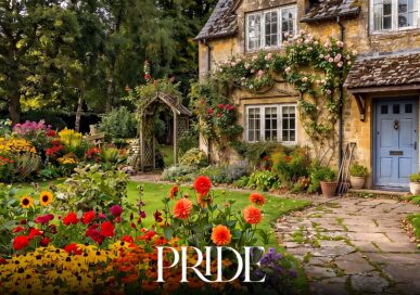 Colourful late-summer cottage garden with mature planting around a country house