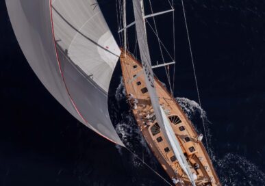 Aerial view of the Spirit C72 luxury sailing yacht under sail