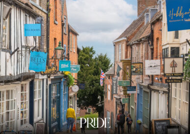 The cobbled historic street of Steep Hill in Lincoln, lined with independent shops and tea rooms