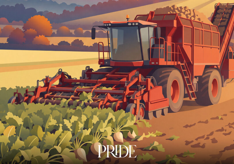 Illustration of a red sugar beet harvester lifting beet in a Lincolnshire field at sunset