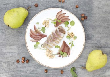 Smoked local partridge with poached pear William and toasted hazelnuts £8.25.