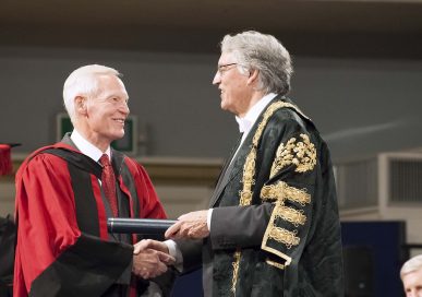 Receiving an Honorary Doctor of Laws from the Chancellor, Lord Grocott, of the University of Leicester.