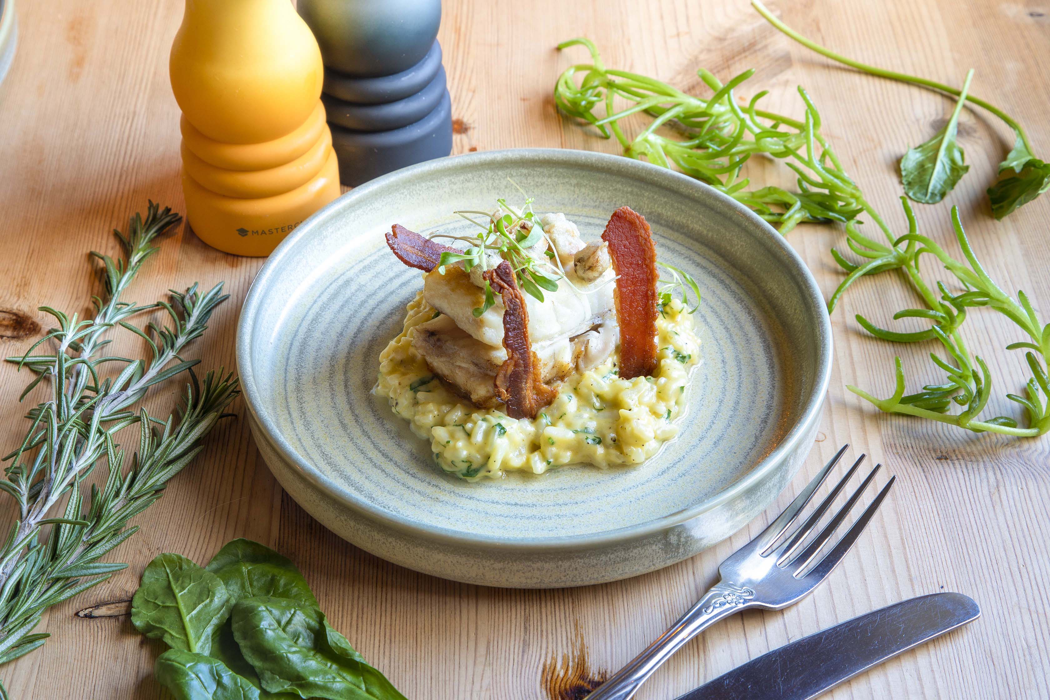 Turbot, sweetcorn, clams, bacon
