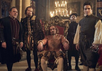 King James (seated) in the BBC’s 2017 adaptation Gunpowder. Burghley House’s William Cecil is shown second left, played by Mark Gatiss.