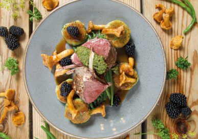 Roast rack of fallow deer with herb gnocchi, green beans, girolles and poached blackberries £22.50.