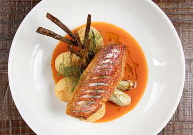Red mullet with fennel, Jersey Royals, broad beans and tomato butter sauce, £24.