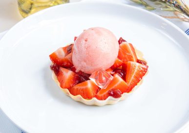 Strawberry and vanilla tart, elderflower jelly, strawberry sorbet £10.50.