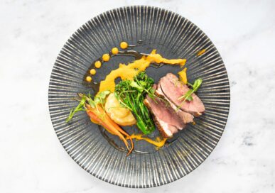 Launde lamb rump with duchesse potatoes at The Falcon Hotel.