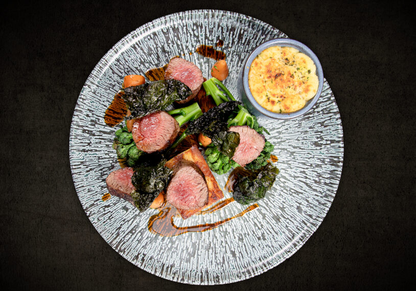 Loin of Grimsthorpe venison, potatoes dauphinois, seasonal vegetables, port & blackberry sauce at The Six Bells.