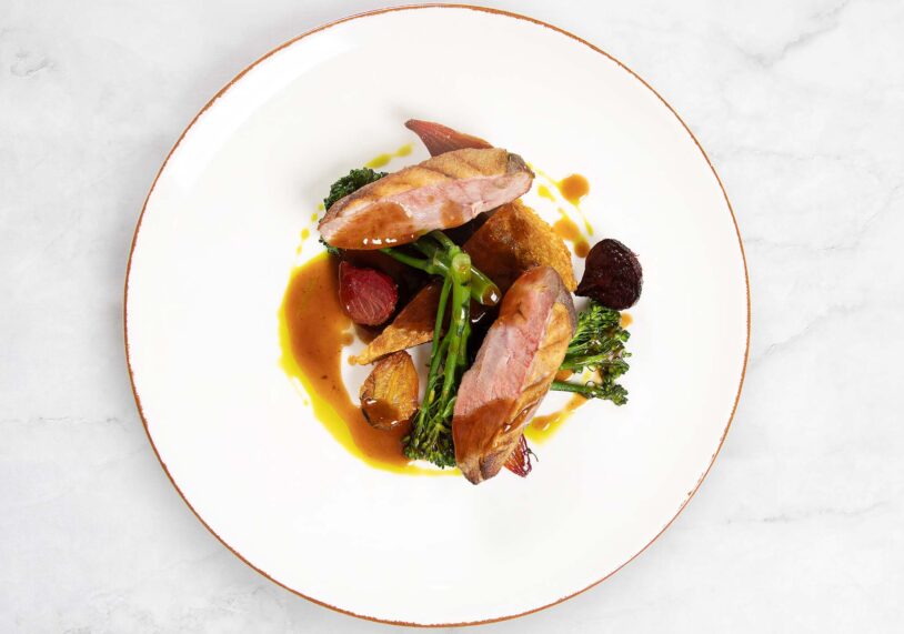 Gressingham duck breast with rösti potato, roasted beetroot, tenderstem broccoli and jus, £24.50 at The George of Oakham.