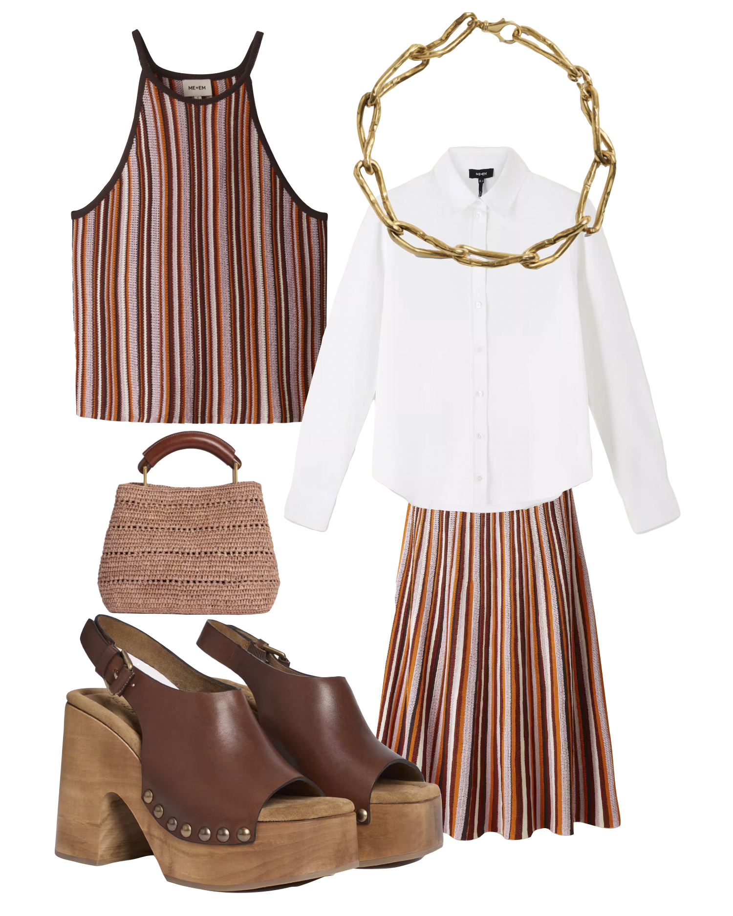 Stripe knit slim vest, £125; mini day bag, raffia and leather, £395; high front clog, 
Italian Leather, £295; Wasteland choker, 24ct gold-plated, £950; travel layering shirt, £125; stripe knit maxi skirt, £195. All available from www.meandem.com.