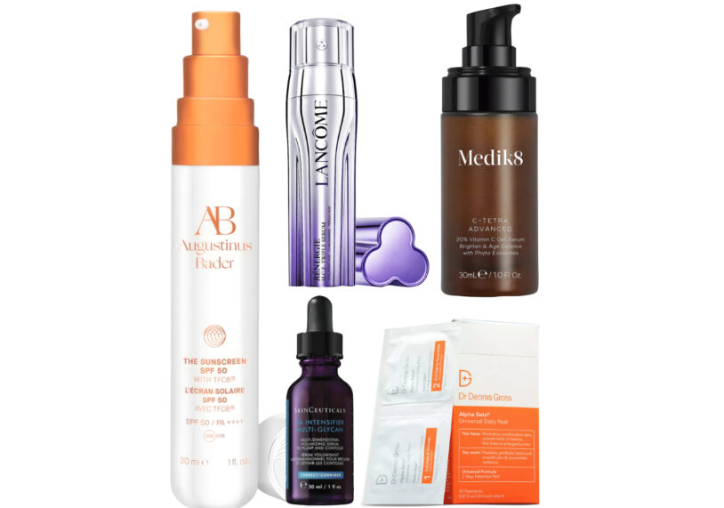 A lineup of recommended vitamin C serums and sunscreens for August