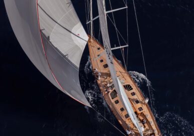 Aerial view of the Spirit C72 luxury sailing yacht under sail