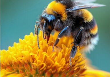 Bumblebee macro shot feeding on a yellow late-summer flower