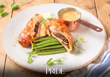 Chicken en croute with mushroom duxelles, creamy mash and fine beans at The Woodhouse Arms, Corby Glen