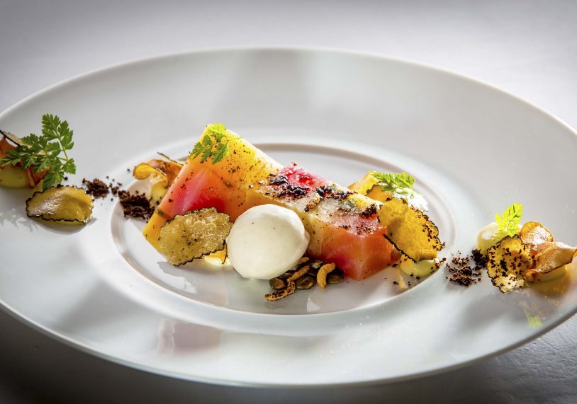 Terrine of root vegetables with autumn truffle, Jerusalem artichoke ice-cream