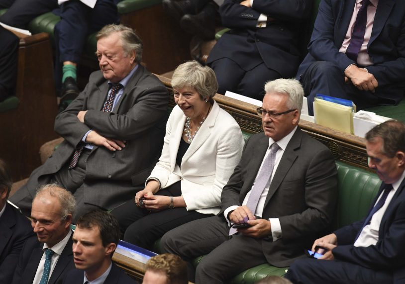 The government backbench in the British House of Commons, with former Prime Minister Theresa May sitting between Father of the House Ken Clarke and Sir Alan Duncan.