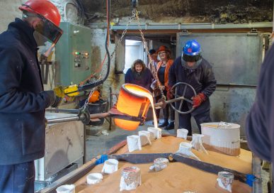 Pouring the bronze.