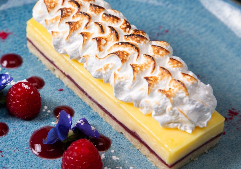 Queen of puddings with textures of raspberries, £12.