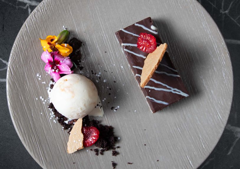 Chocolate brownie with chocolate soil, burnt white chocolate, salted caramel ice cream, £11.