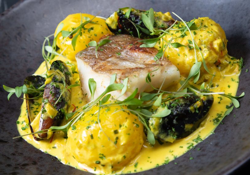 Atlantic cod loin with ratte potatoes mussels and saffron cream, £26.