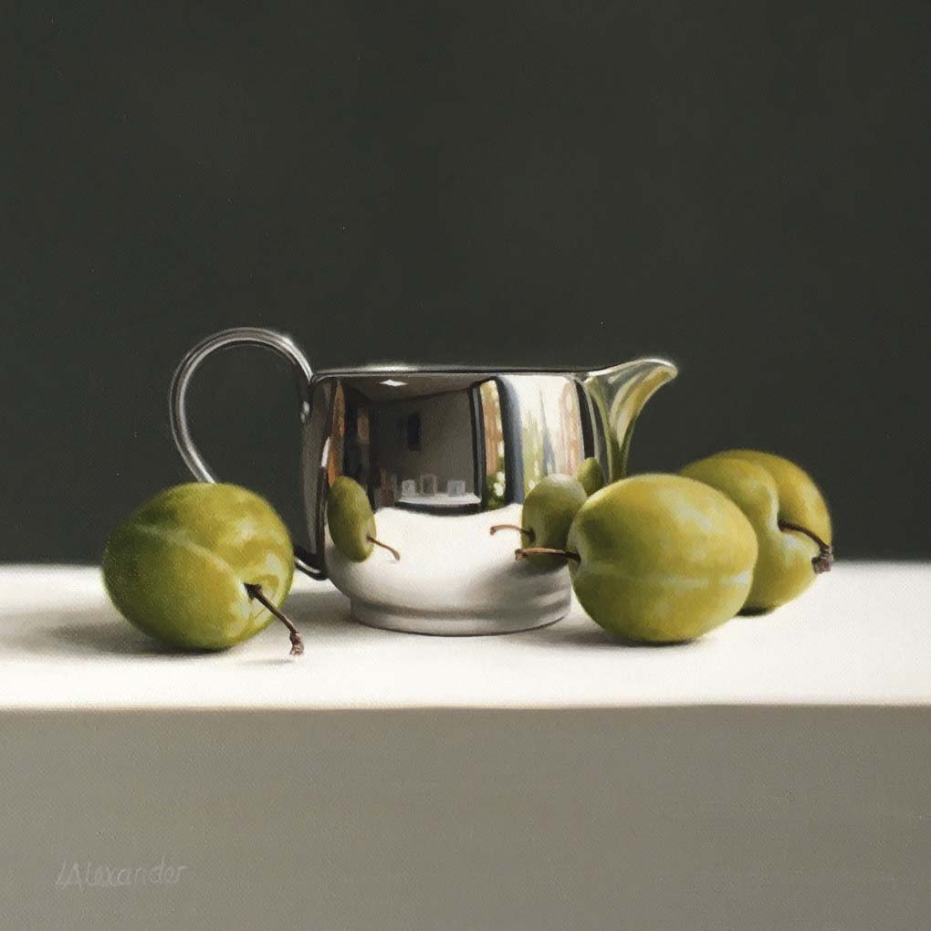 Silver Jug and Greengages, Oil on Canvas, 8.25 x 8.25 inches, £1,795.