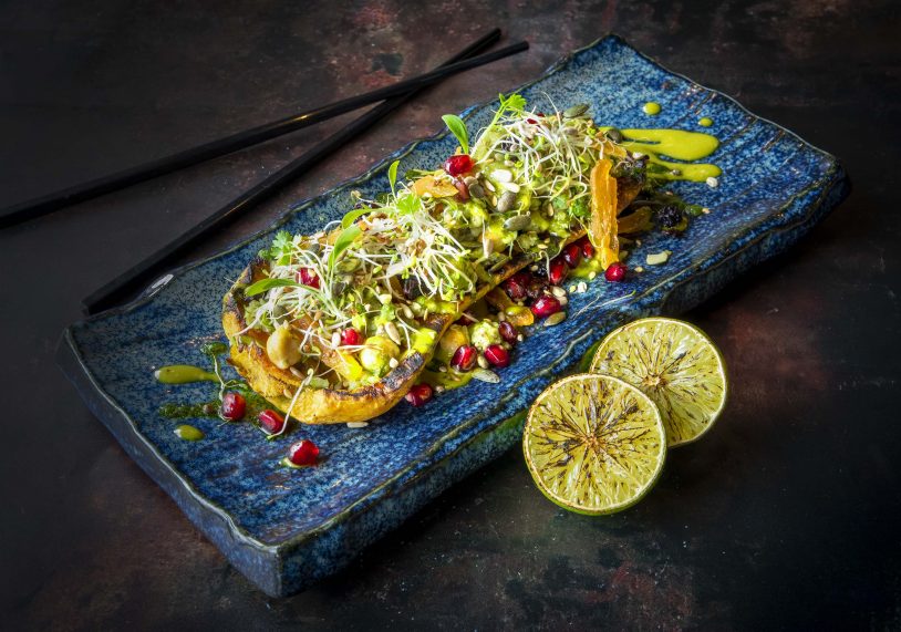 Butternut squash steak with chickpeas, alfalfa, pomegranate and marcha dressing at Hoppi Dorri, Stamford.