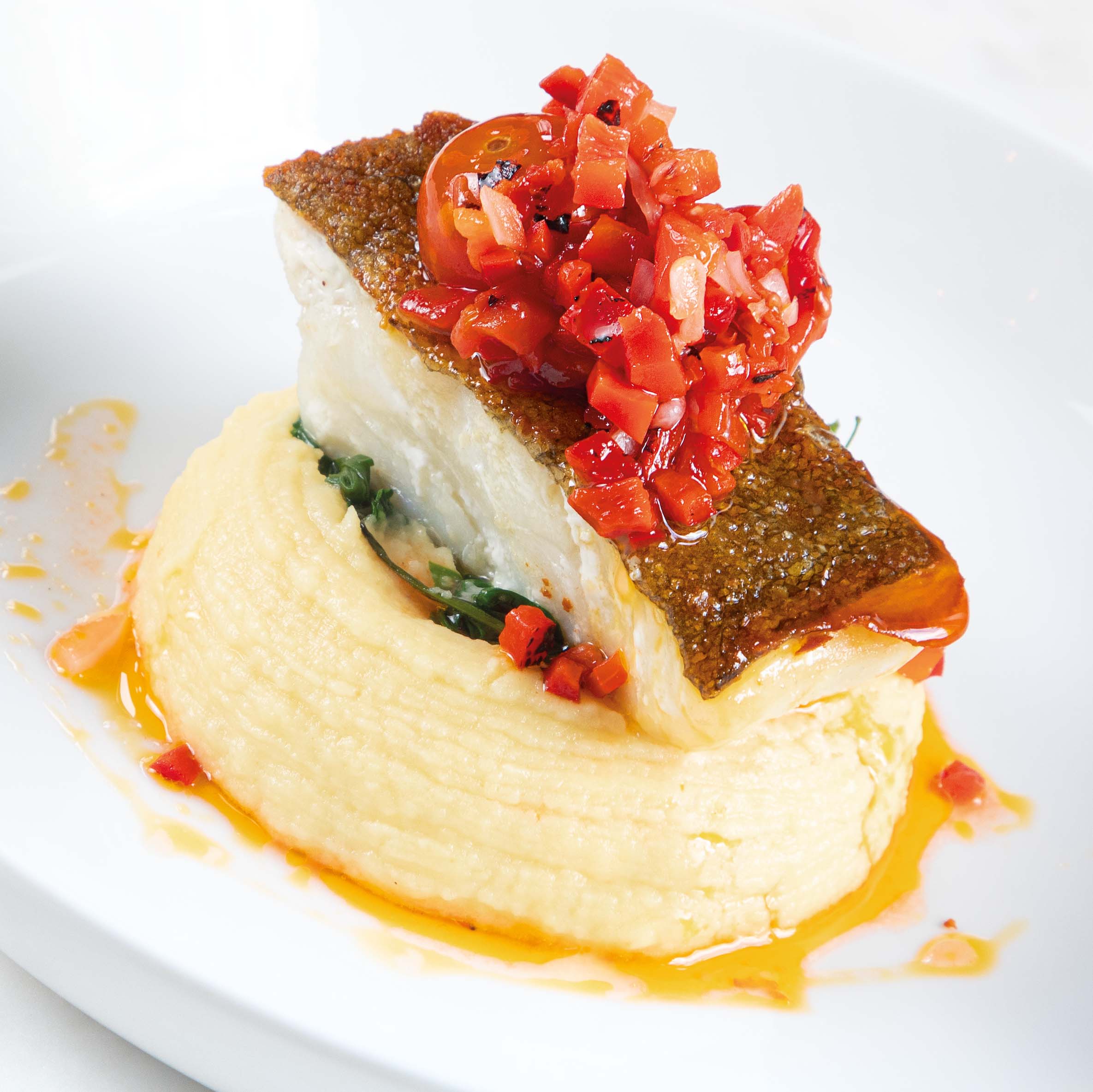 Roast cod, creamed potato, spinach, tomato and pepper salsa, £24